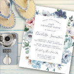 Lámina Invitación de cumpleaños número 21 de Budget Dusty<br><div class="desc">Rosas y flores silvestres de un azul turbio decoran una invitación de cumpleaños bonito. La caligrafía moderna se suma al Boho Vibe.</div>