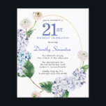 Lámina Invitación de cumpleaños número 21 de Budget Hydra<br><div class="desc">Flores de hortensias azules y rosas ondulados decoran un marco oval dorado. Un botánico moderno abierto y aireado.</div>