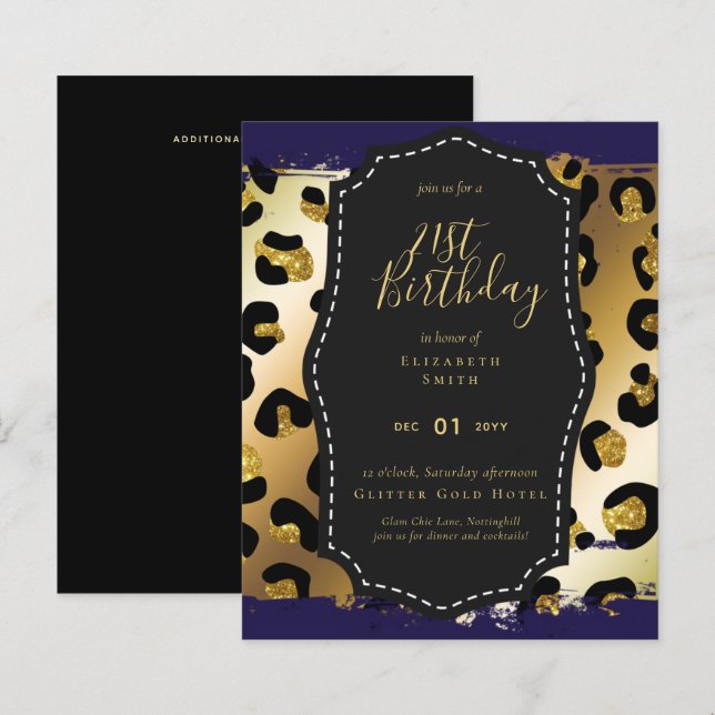 Lámina Invitación de cumpleaños número 21 Glam Girly Glit (Anverso / Reverso)