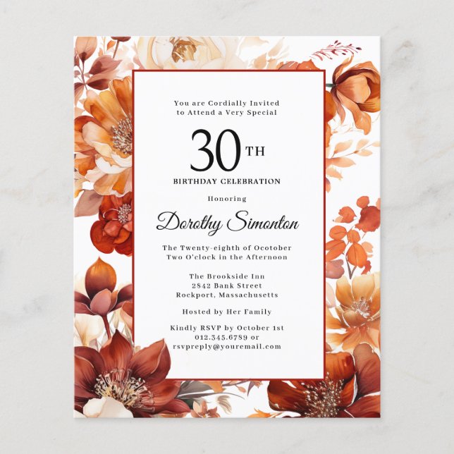 Lámina Invitación de cumpleaños número 30 con flores de o (Anverso)