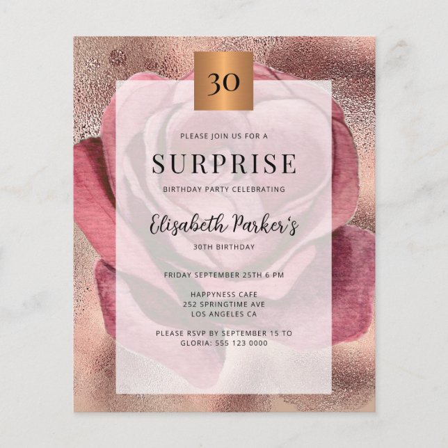 Lámina Invitación de cumpleaños número 30 dorado rosado p (Anverso)
