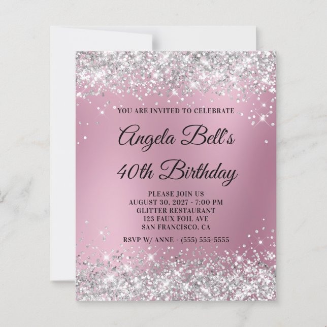 Lámina Invitación de cumpleaños número 40 con brillo plat (Anverso)