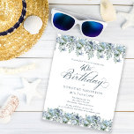 Lámina Invitación de cumpleaños número 40 con flores azul<br><div class="desc">Las flores azules polvorientas crean bordes superiores e inferiores en esta elegante invitación de cumpleaños. La caligrafía clásica con letra cursiva añade un toque hermoso. Este artículo es parte de la colección floral Dusty Blue.</div>