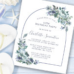 Lámina Invitación de cumpleaños número 40 de Budget Dusty<br><div class="desc">Las peonías azules y flores silvestres agitadas decoran una invitación de cumpleaños bonito. La caligrafía moderna y el arco se añaden al Boho Vibe.</div>