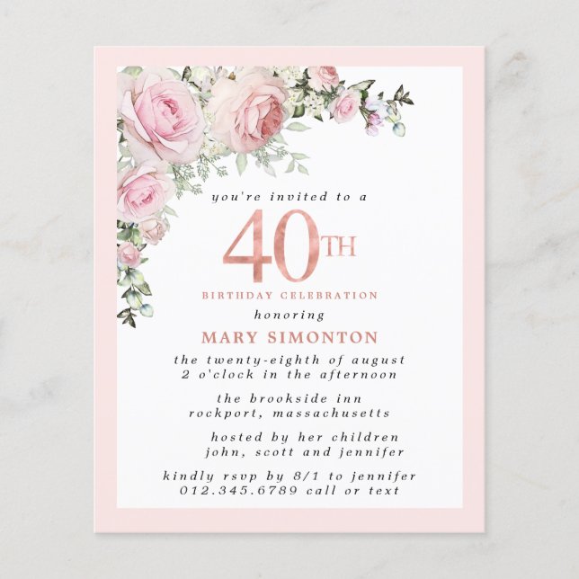 Lámina Invitación de cumpleaños número 40 de Budget Pink  (Anverso)