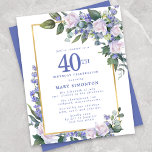 Lámina Invitación de cumpleaños número 40 de la Floral bl<br><div class="desc">Las rosas blancas color agua bonito y las flores azules están enclavadas en hojas de color verde oscuro sobre un marco dorado.</div>