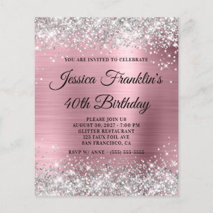 Lámina Invitación de cumpleaños número 40 rosa con brillo