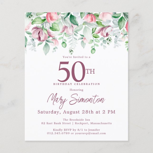 Lámina Invitación de cumpleaños número 50 de Budget Pink  (Anverso)