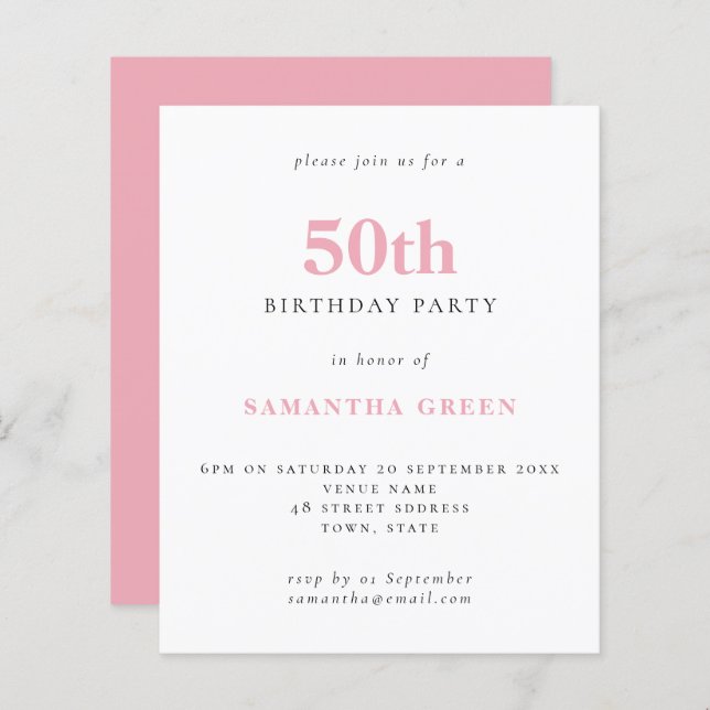Lámina Invitación de cumpleaños número 50 simple Rubor Pi (Anverso / Reverso)