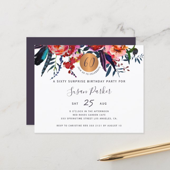 Lámina Invitación de cumpleaños número 60 con estilo flor (Anverso/Reverso In Situ)