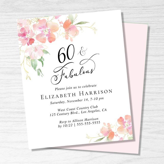 Lámina Invitación de cumpleaños número 60 con flores rosa (Subido por el creador)