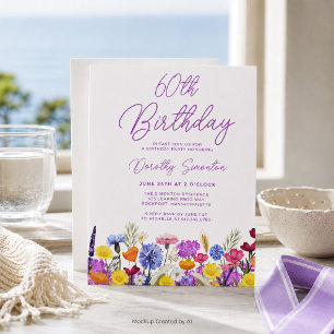 Lámina Invitación de cumpleaños número 60 con flores silv