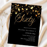 Lámina Invitación de cumpleaños número 60 de Black gold s<br><div class="desc">Una invitación moderna y de diseño para una fiesta de cumpleaños número 60. Antecedentes negros y la palabra Sixty escrito con grandes letras falsas de oro. Decolorada con estrellas doradas. Personalice y agregue un nombre y detalles del fiesta. 1 hoja = 1 borde impreso de invitación al borde.</div>