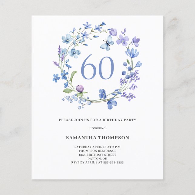 Lámina Invitación de cumpleaños número 60 de Budget Blue  (Anverso)