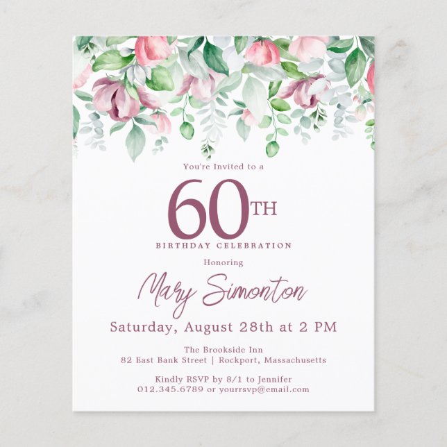 Lámina Invitación de cumpleaños número 60 de Budget Pink  (Anverso)