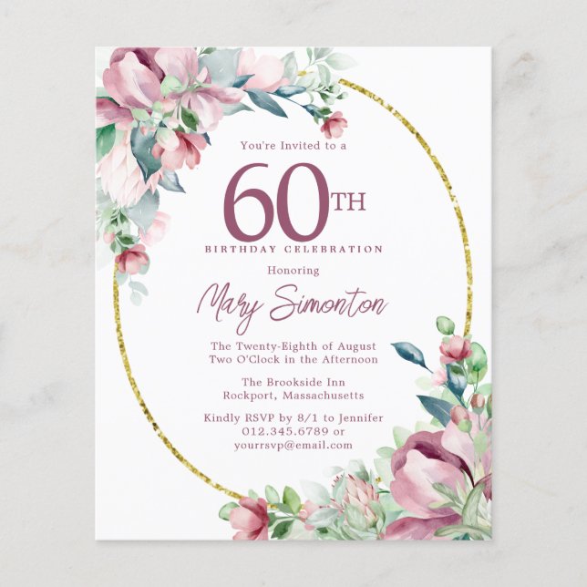 Lámina Invitación de cumpleaños número 60 de Budget Pink  (Anverso)