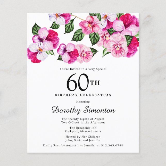 Lámina Invitación de cumpleaños número 60 de Budget Pink  (Anverso)