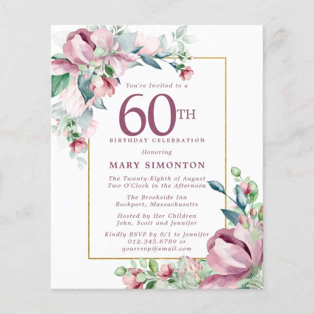 Lámina Invitación de cumpleaños número 60 de Budget Pink  (Anverso)