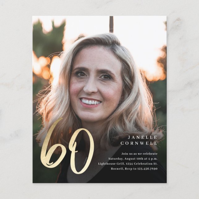Lámina Invitación de cumpleaños número 60 de oro negro ec (Anverso)