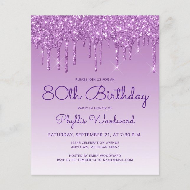 Lámina Invitación de cumpleaños número 80 con brillo econ (Anverso)