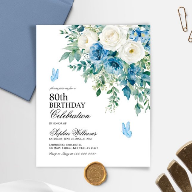 Lámina Invitación de cumpleaños número 80 con flores azul (Subido por el creador)