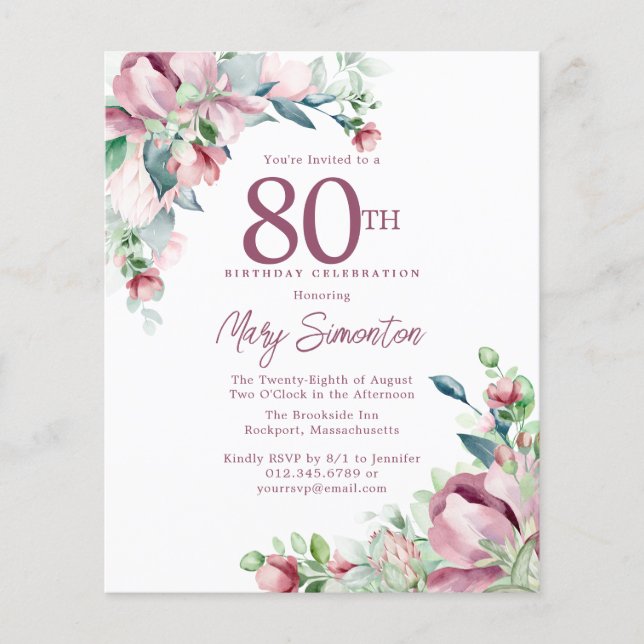 Lámina Invitación de cumpleaños número 80 con flores rosa (Anverso)