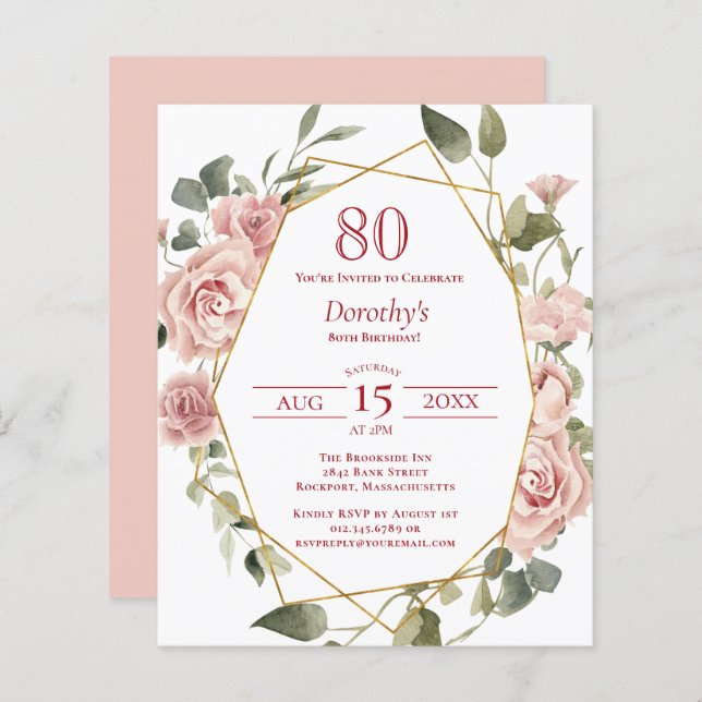 Lámina Invitación de cumpleaños número 80 de Budget Pink  (Anverso / Reverso)