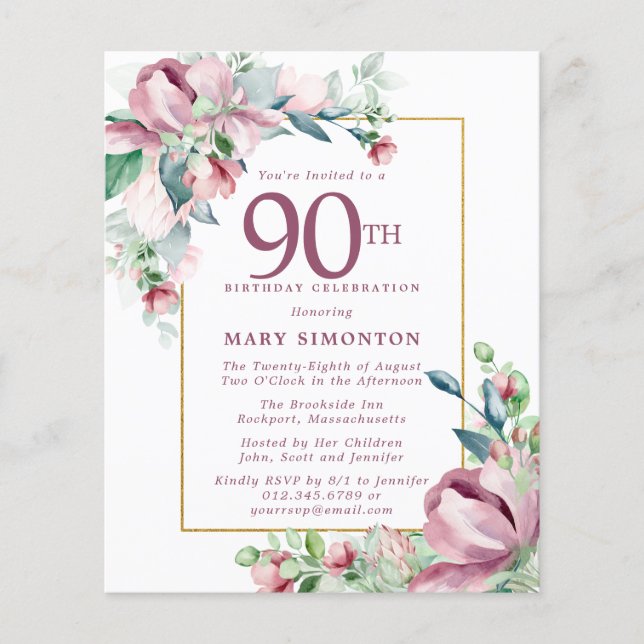Lámina Invitación de cumpleaños número 90 de Budget Pink  (Anverso)