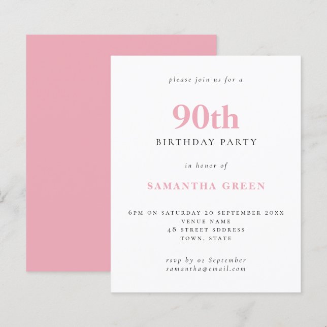 Lámina Invitación de cumpleaños número 90 simple de Rubor (Anverso / Reverso)