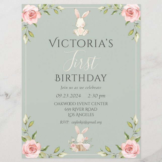 Lámina Invitación de cumpleaños número uno de conejito li (Anverso)