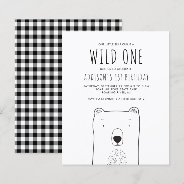 Lámina Invitación de cumpleaños número uno del Oso Rústic (Anverso / Reverso)