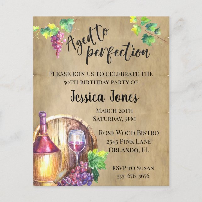 Lámina Invitación de cumpleaños para amante del vino enve (Anverso)