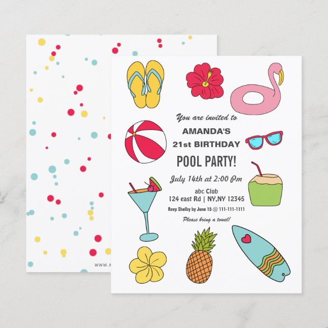 Lámina Invitación de cumpleaños para fiesta de piscina di (Anverso / Reverso)