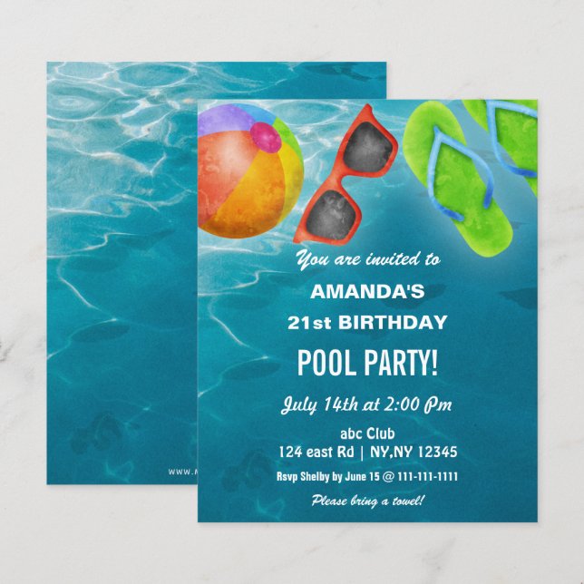 Lámina Invitación de cumpleaños para fiesta en piscina co (Anverso / Reverso)
