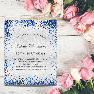 Lámina Invitación de cumpleaños plateada con brillo azul 