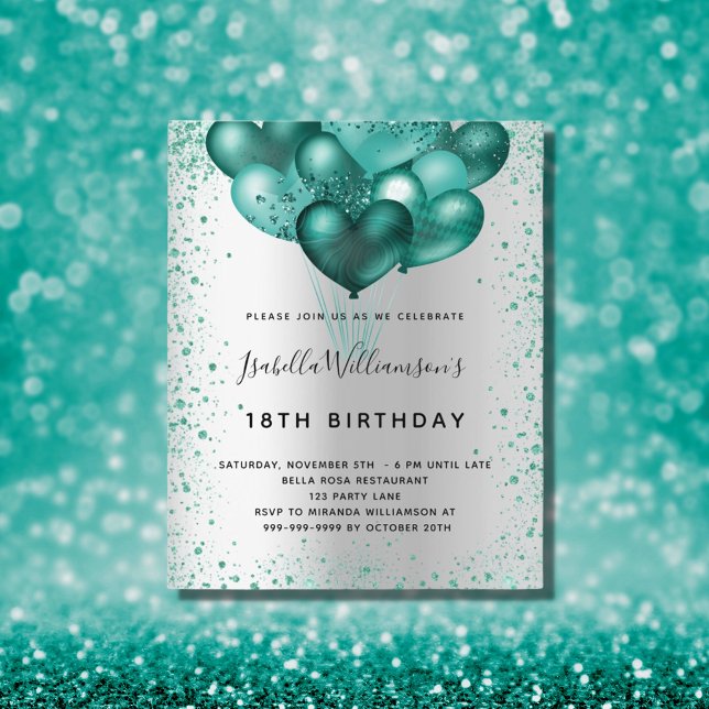 Lámina Invitación de cumpleaños plateada con brillo teal  (Subido por el creador)