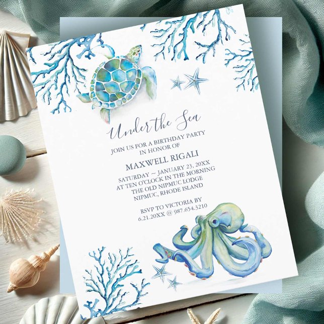 Lámina Invitación de cumpleaños presupuestada para niños  (Birthday invitations for kids under the sea theme watercolor art Victoria Grigaliunas DoTellABelle)