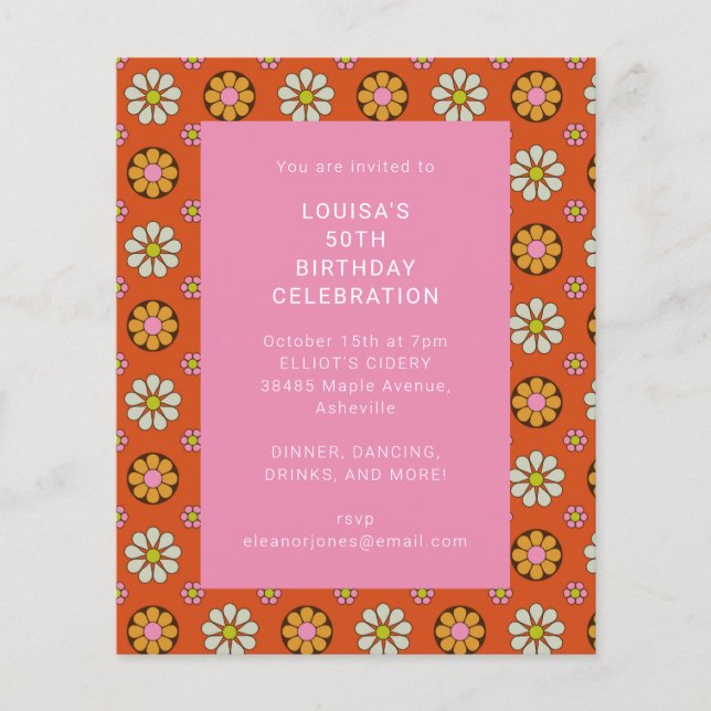 Lámina Invitación de cumpleaños Retro Retro Flor Naranja (Anverso)