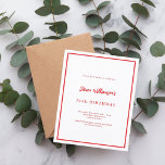 Lámina Invitación de cumpleaños rojo blanco<br><div class="desc">Moderna,  elegante e invitada. Un fondo blanco decorado con un marco rojo. Personalice y agregue un nombre y detalles. Texto rojo. 1 hoja = 1 borde impreso de invitación al borde.</div>