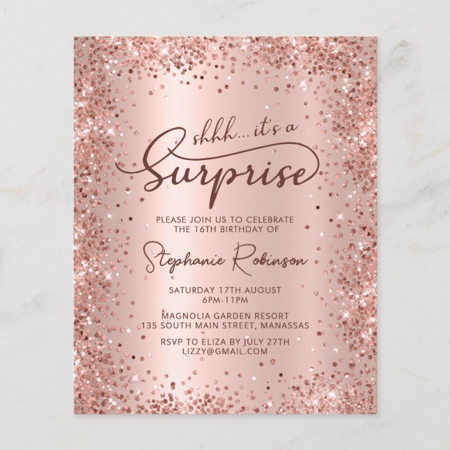 Lámina Invitación de cumpleaños Shhh Surprise Rosa Gold S (Anverso)