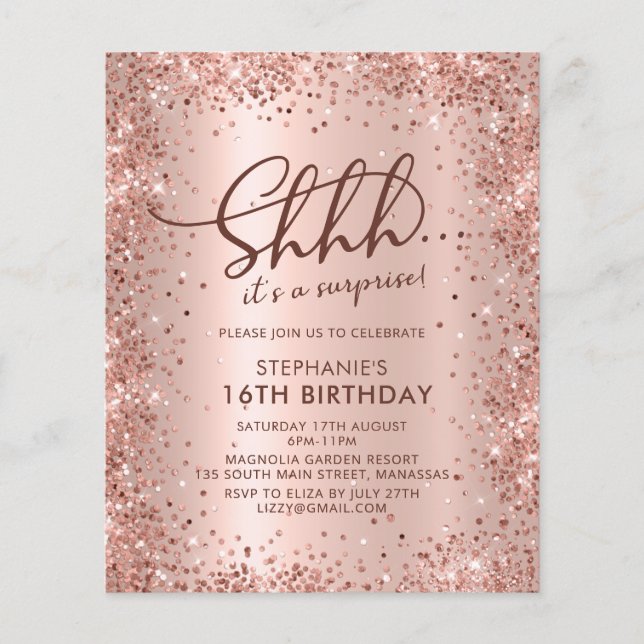 Lámina Invitación de cumpleaños Shhh Surprise Rosa Gold S (Anverso)