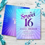 Lámina Invitación de degradado azul morado de 16 gradient<br><div class="desc">"Feliz Dulce 16 cumpleaños". Envíe esta genial invitación retro boho, personalizada de fiesta de presupuesto para un evento que recordar. Tipografía divertida, de moda, audaz morada y azul marino con la tipografía moderna sans serif superpone un fondo de rayos pop turquesa y morado gradiente con puntos blancos. En la parte...</div>