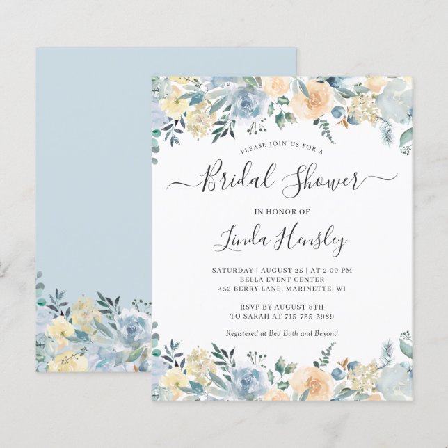 Lámina Invitación de Despedida de Soltera con Flores Azul (Anverso / Reverso)