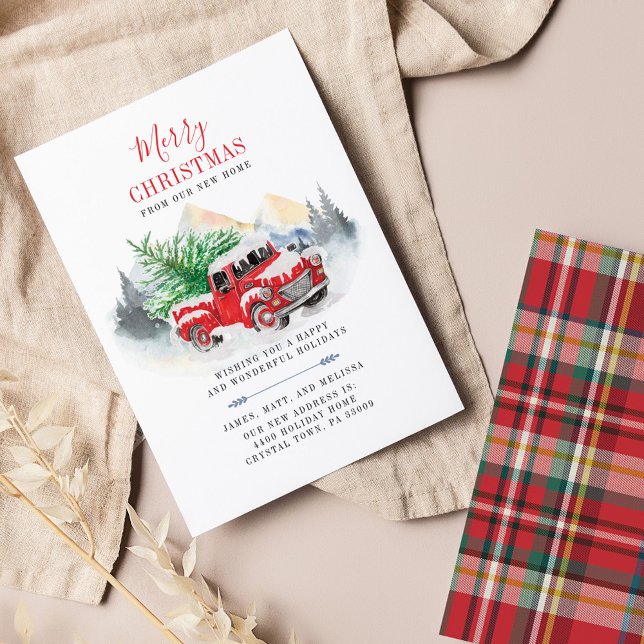 Lámina Invitación de desplazamiento de vacaciones de Navi (Plaid Red Truck Rustic Holiday Moving Announcement)