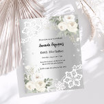 Lámina Invitación de diamantes de florines blancos platea<br><div class="desc">Para una elegante fiesta de cumpleaños número 60 (o cualquier edad). Un fondo falso plateado decorado con flores blancas,  rosas,  diamantes falsos y encaje blanco. Personalice y agregue su nombre y detalles del fiesta. 1 hoja = 1 borde impreso de invitación al borde.</div>