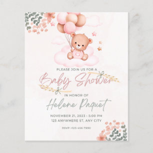 Lámina invitación de ducha de bebé, oso, animal lindo