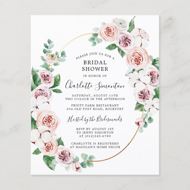 Lámina Invitación de ducha de novia floral blanca rosada (Anverso)