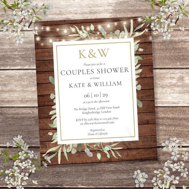 Lámina Invitación de ducha de parejas con monograma rústi (Budget Rustic Monogram Couples Shower Invite)
