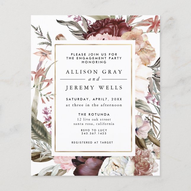 Lámina Invitación de Dusty Floral Engagement Party (Anverso)