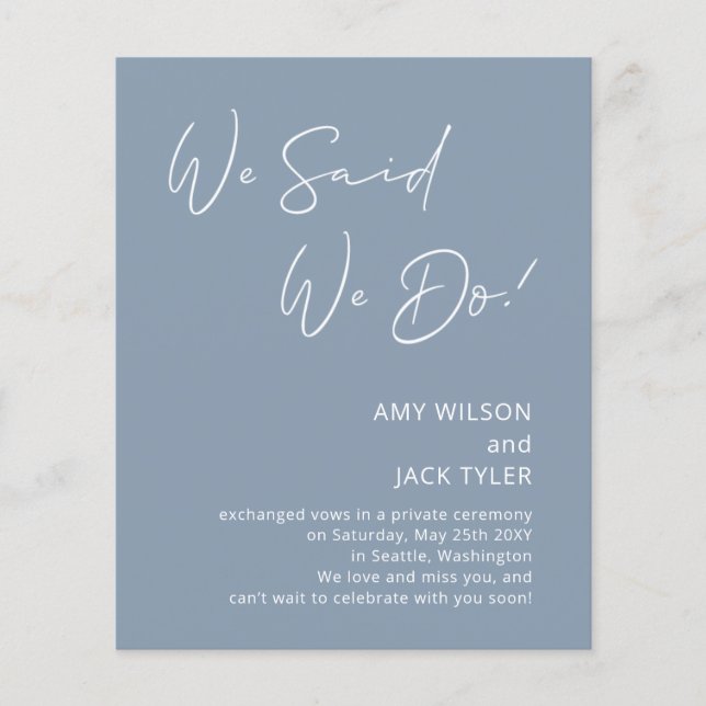 Lámina Invitación de Elopement Blue Dusty Budget (Anverso)
